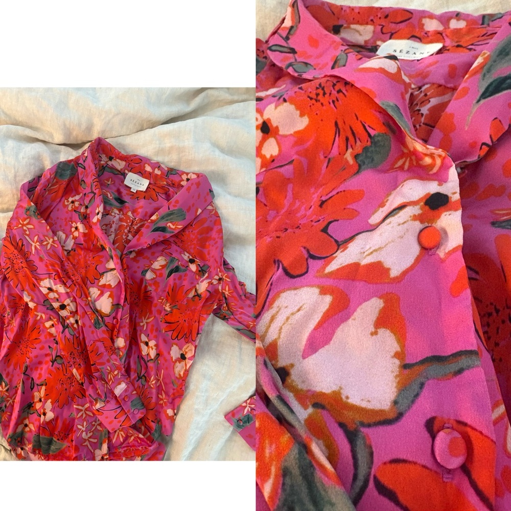 Sezane Pink Floral Satin Wrap Blouse - Picture 3 of 3
